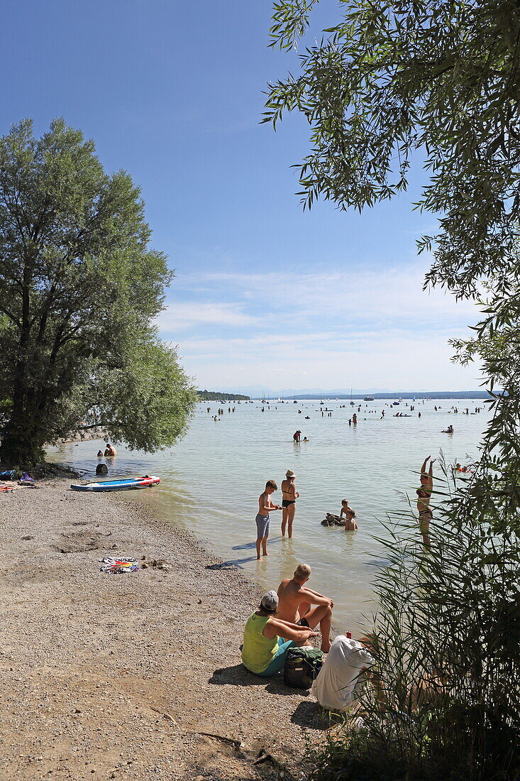 Bathing bay in Stegen near Inning, Ammersee, Five Lakes Region, Upper Bavaria, Bavaria, Germany