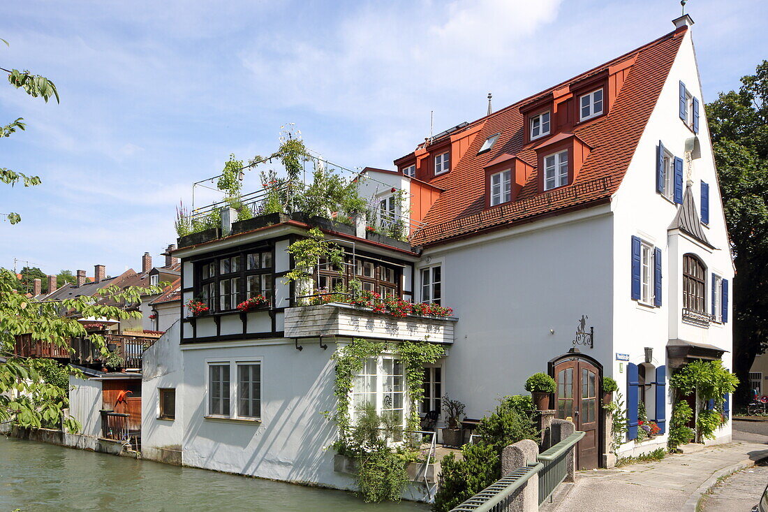 Häuser im Klein-Venedig am Auer Mühlbach, Stadtviertel Au, München, Oberbayern, Bayern, Deutschland