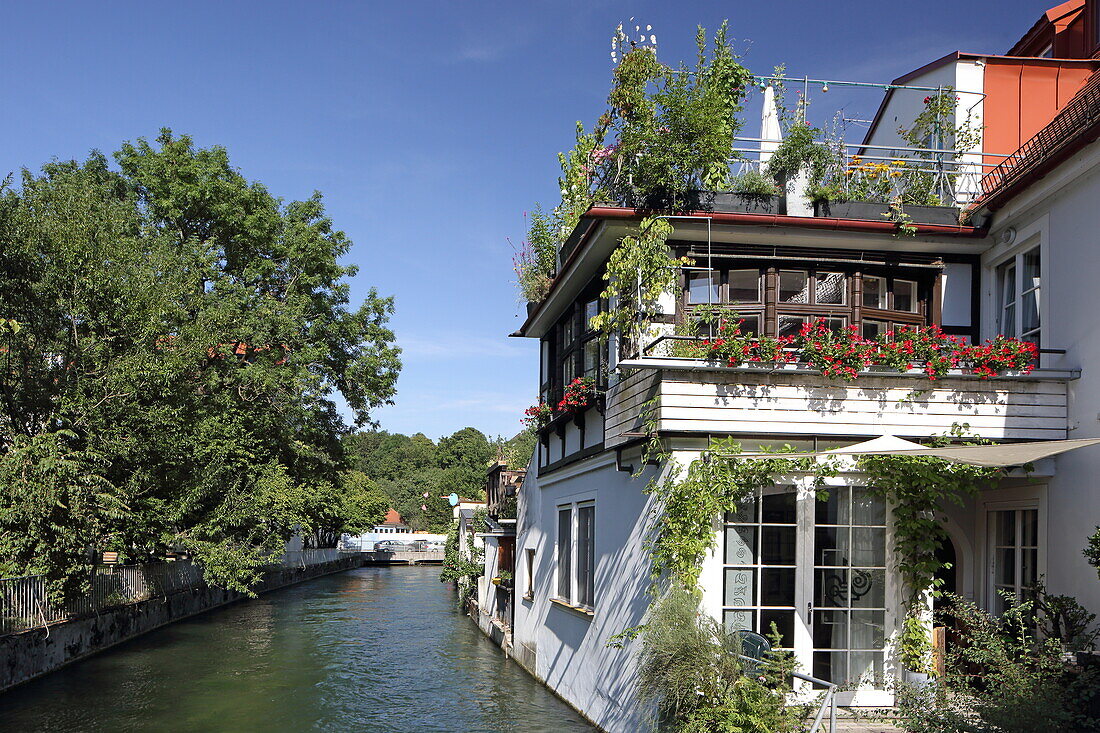 Häuser im Klein-Venedig am Auer Mühlbach, Stadtviertel Au, München, Oberbayern, Bayern, Deutschland