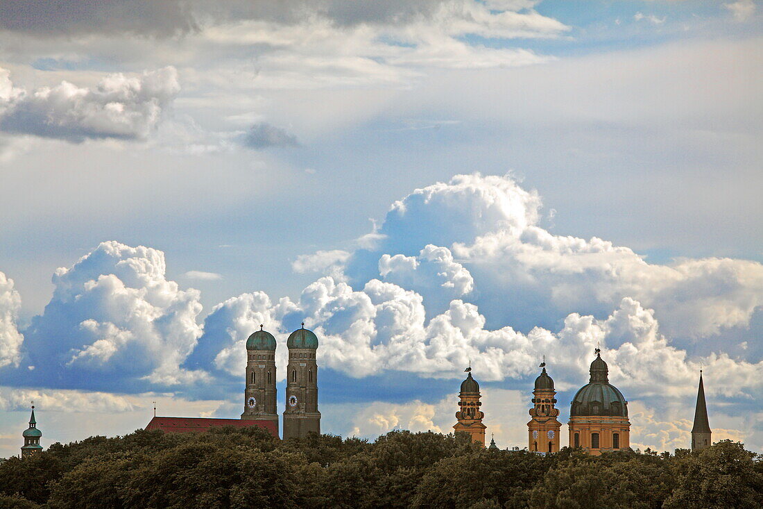View from Monopteros of the Frauenkirche and Theatinerkirche, Englischer Garten, Munich, Bavaria, Germany