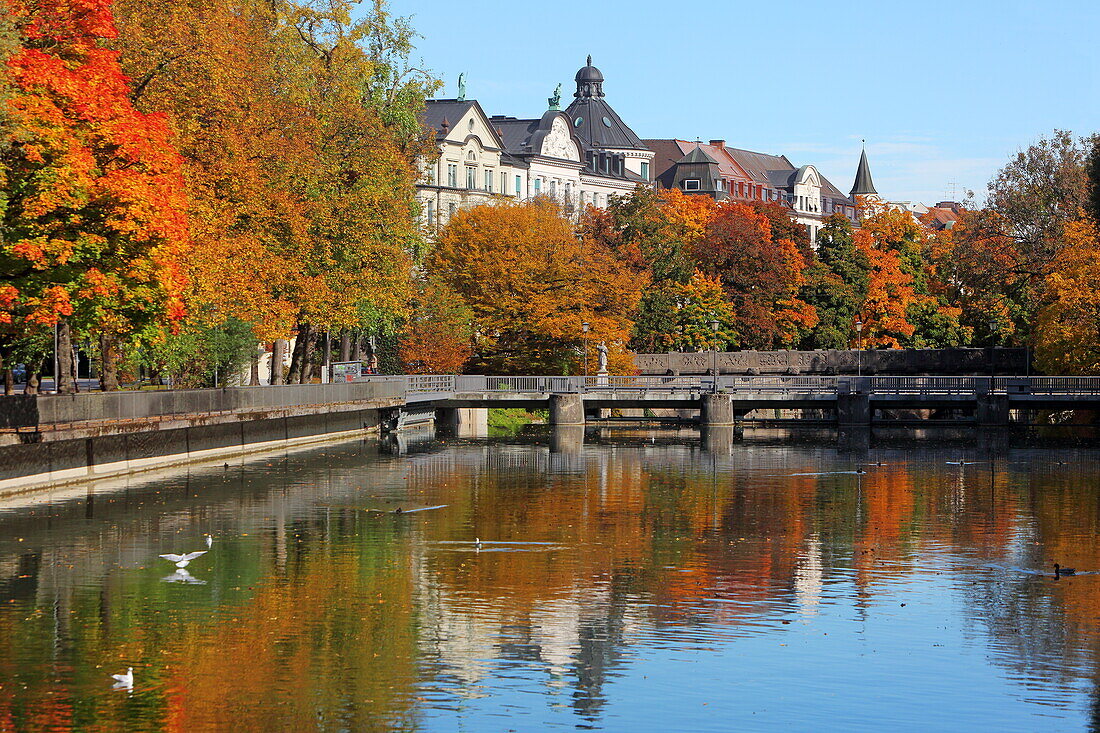 Isar canal and old buildings along Widenmayerstrasse in Lehel, Munich, Bavaria, Germany