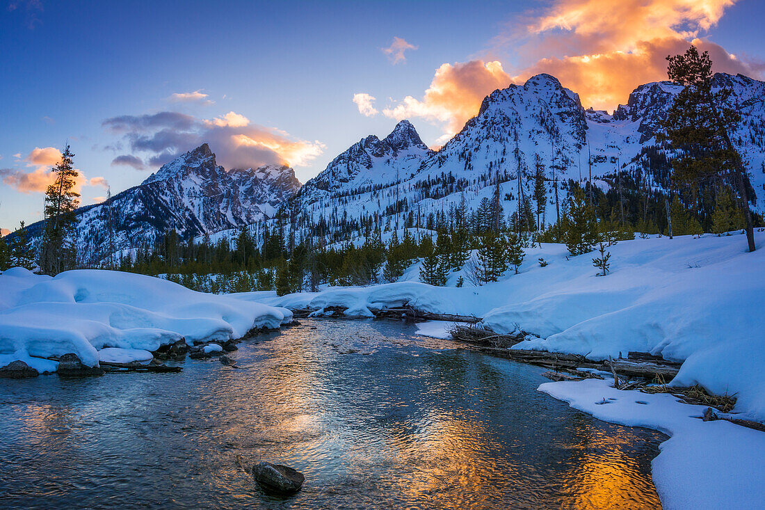 Evening light over the Tetons from Cottonwood Creek in winter, Grand Teton National Park, Wyoming USA