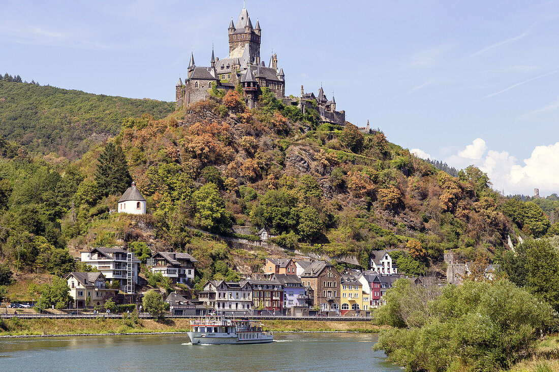 On the Moselle with a view of Reichsburg, excursion boat, Cochem on the Moselle