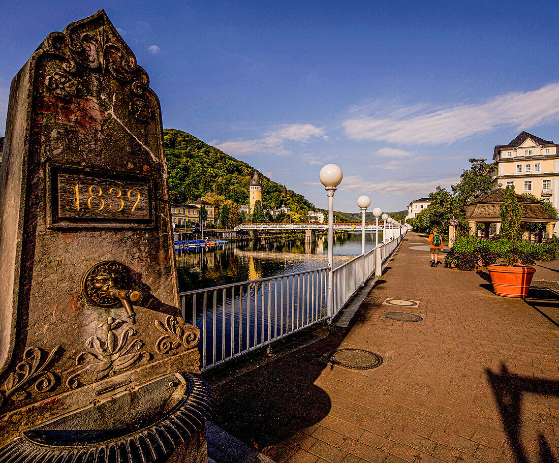 Historical fountain at the spa promenade in Bad Ems an der Lahn in the morning, Rhineland-Palatinate, Germany