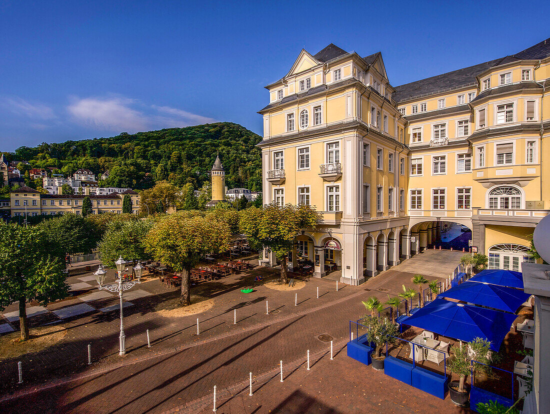Square in front of the Kurhaus and view of the Kurpromenade, Bad Ems, Rhineland-Palatinate, Germany