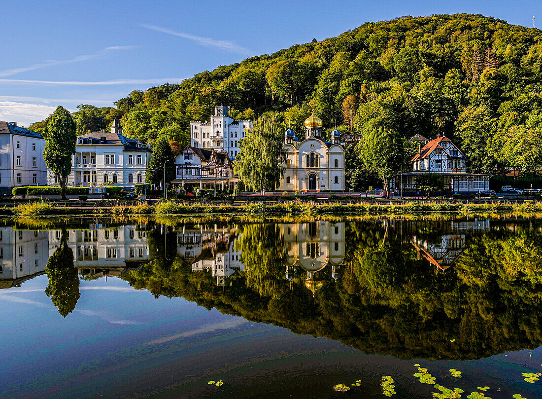 Waterfront promenade in Bad Ems: villas, Balmoral Castle and Russian Church, Rhineland-Palatinate, Germany