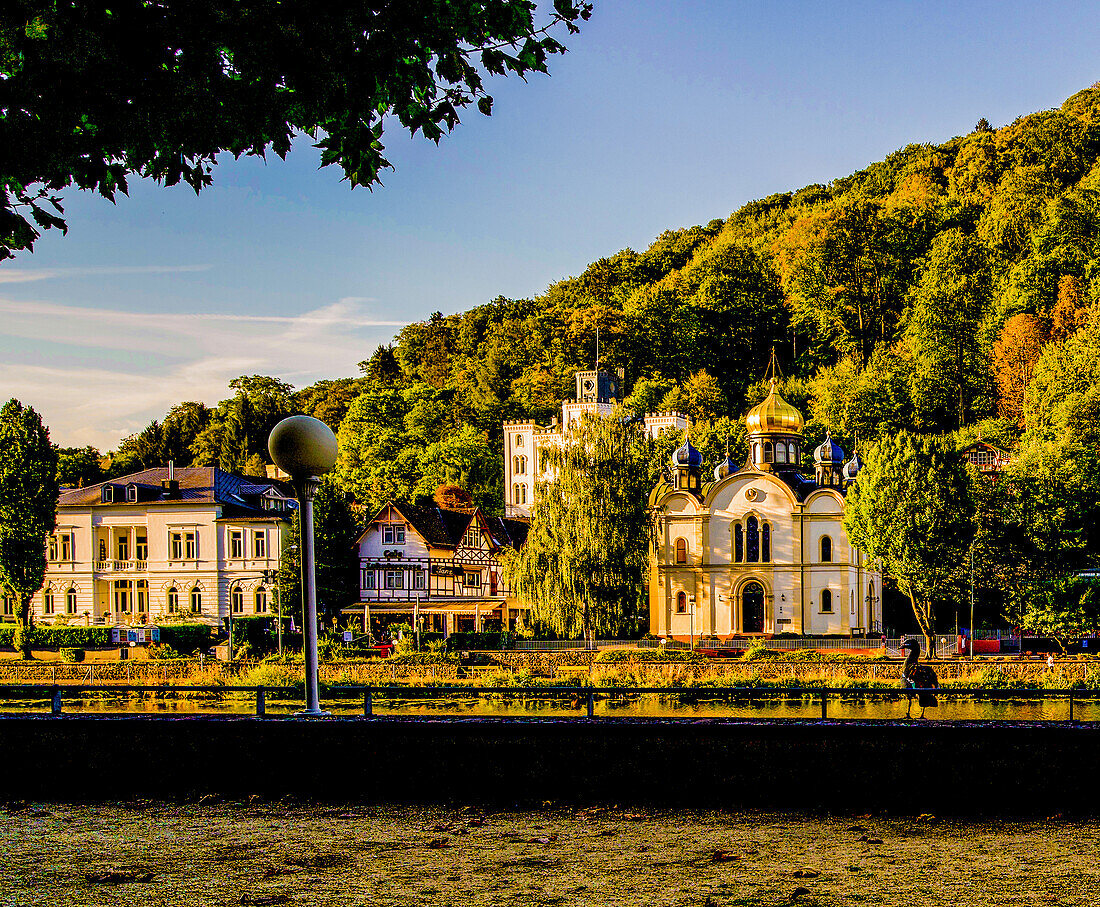 View from the Kurpark to villas, Balmoral Castle and the Russian Church, Bad Ems, Rhineland-Palatinate, Germany