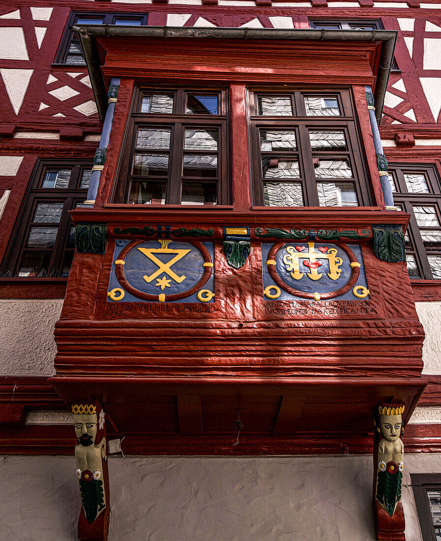 Decorated bay window of a half-timbered house in Limburg an der Lahn, Hesse; Germany
