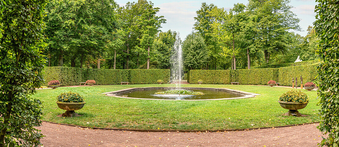 Fountain in the park of the baroque castle of Lichtenwalde, Saxony, Germany