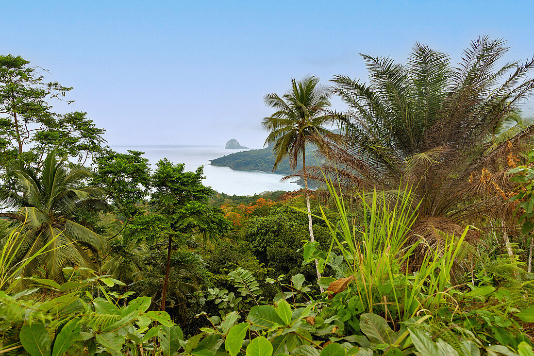 Miradouro Terreiro Velho viewpoint overlooking Boné do Jóquei Island on Príncipe Island in West Africa