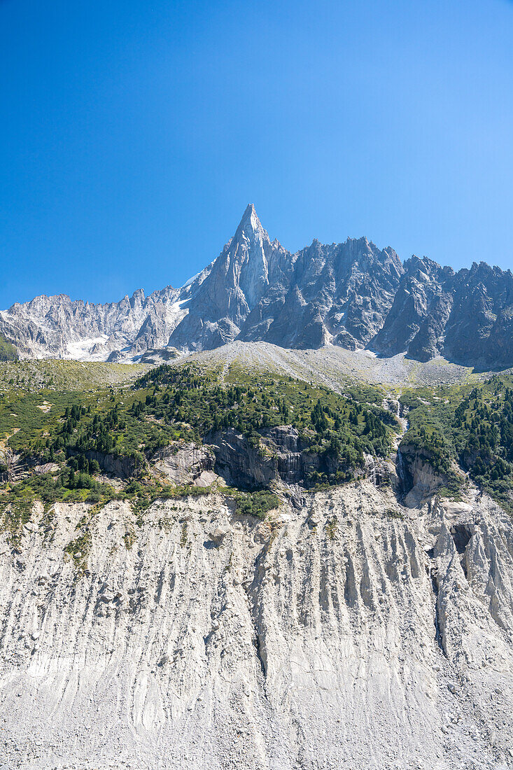 View from the Mer de Glace glacier to the Aiguille du Dru, Chamonix Mont Blanc