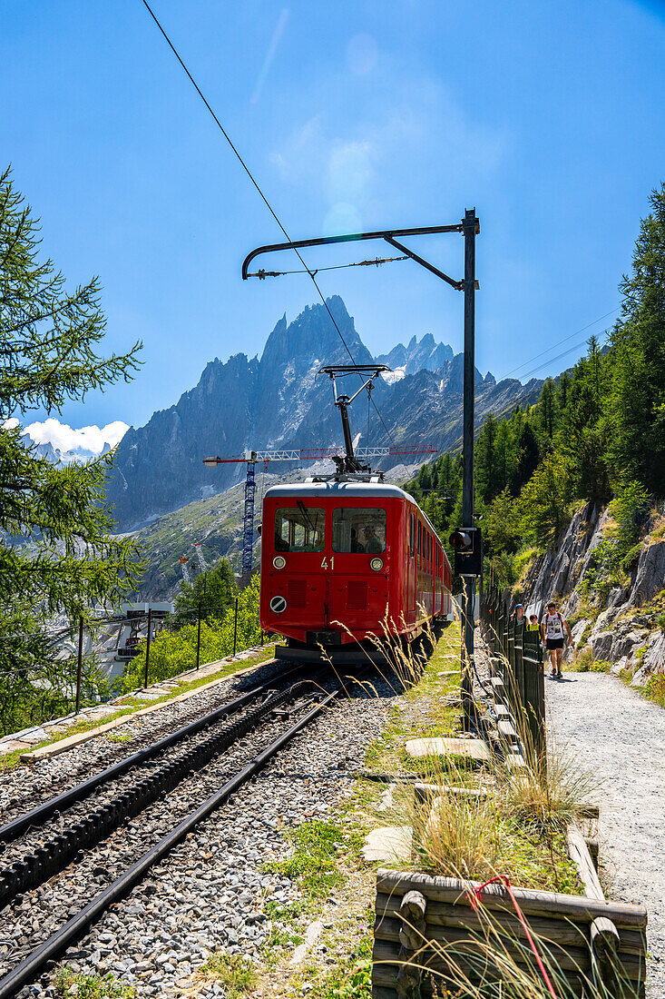 The red cog railway just outside the Mer de Glace train station, Chamonix Mont Blanc