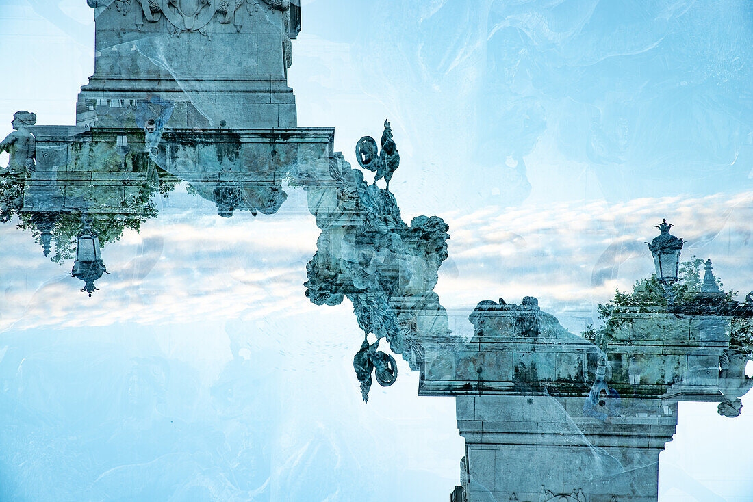 Double exposure photograph of the Monument aux Girondins on the Place des Quinconces, a fountain & towering column erected to honor Girondin revolutionaries in Bordeaux, France.