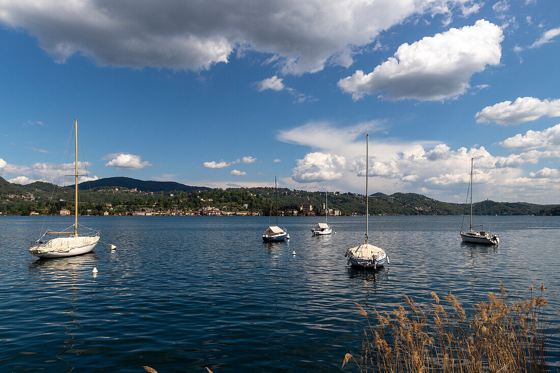 Fünf Segelboote vor Anker am Ortasee, in der Nähe von Pella, Piemont, Italien.