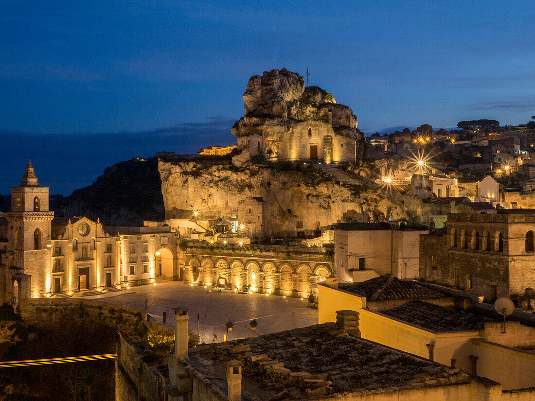 The Roman Catholic church of Santa Maria de Idris, cut into the rock in Matera at night.