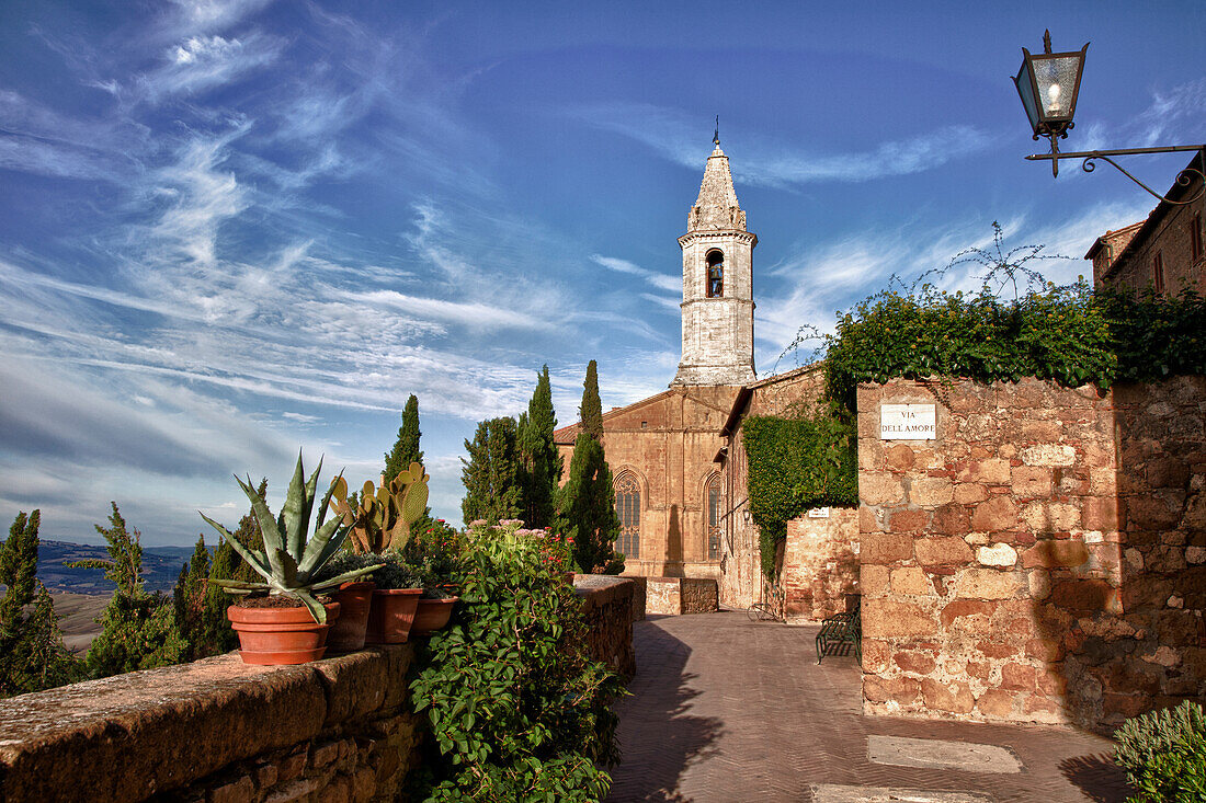 Italy, Tuscany, Pienza. The bell tower of the Duomo Santa Maria Assunta Cathedral.