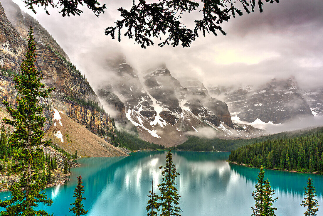 Moraine lake in the valley of the ten peaks in the Alberta, Canada Rocky Mountains