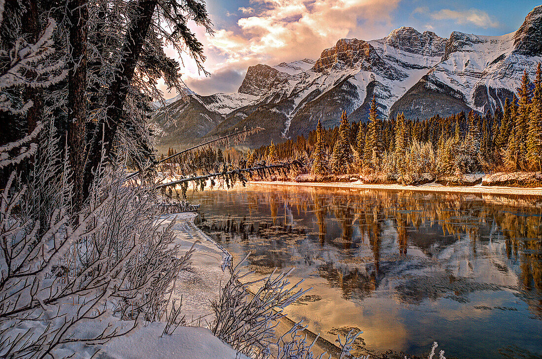 Bow river makes it's icy way through Canmore, Canada