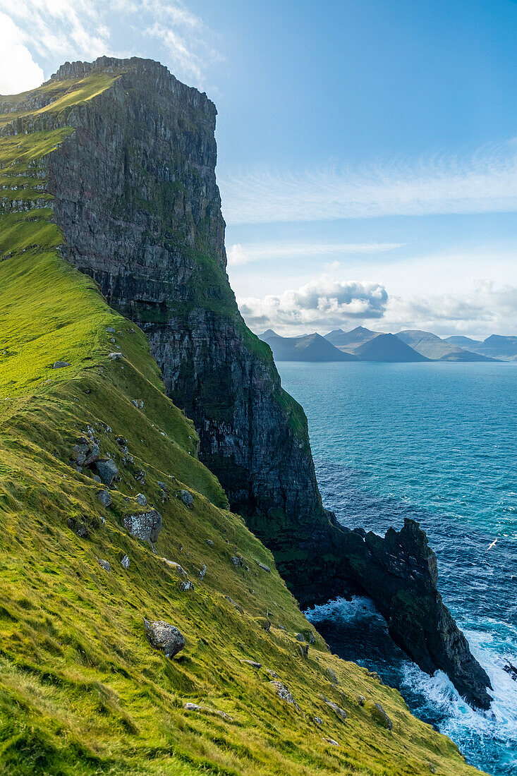 Europe, Faroe Islands. View of Trollanes, location of a lighthouse on the northern end of the island of Kalsoy.
