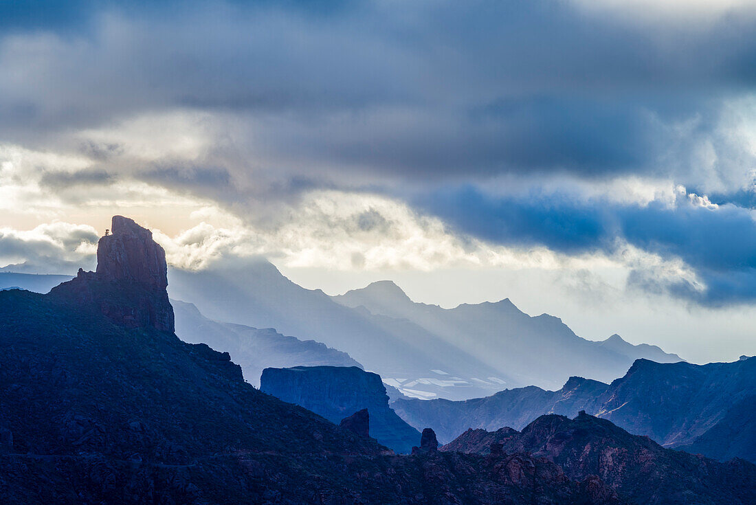 Spain, Canary Islands, Gran Canaria Island, Tejeda, mountain landscape with Roque Bentayga
