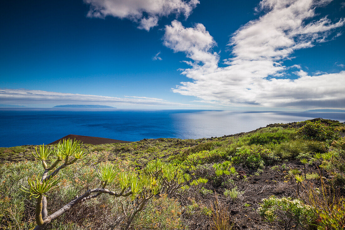 Spain, Canary Islands, La Palma Island, Fuencaliente de la Palma, Punta de Fuencaliente, volcanic landscape and view towards La Gomera Island