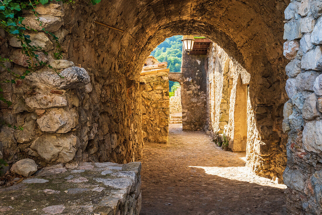 Medieval alley in the hilltop village of Gorbio in the French Maritime Alps, Provence, France