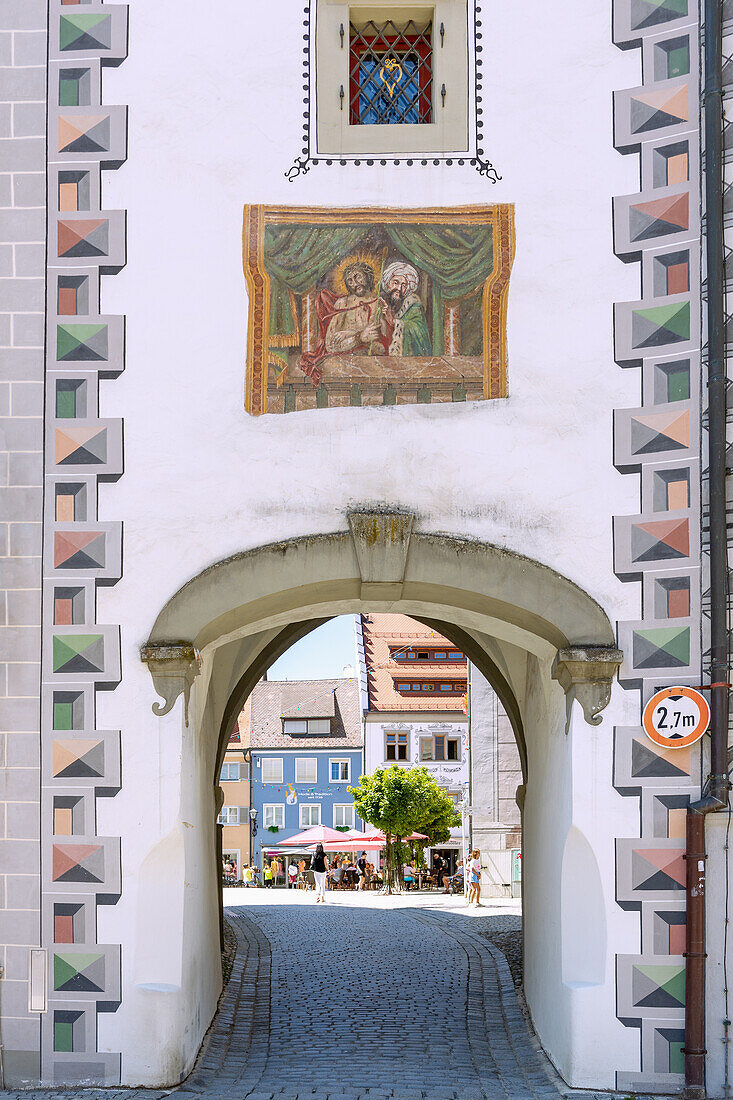 Pfaffenturm with a view from Postplatz to the market square in the old town of Wangen in the Westallgäu in Baden-Württemberg in Germany