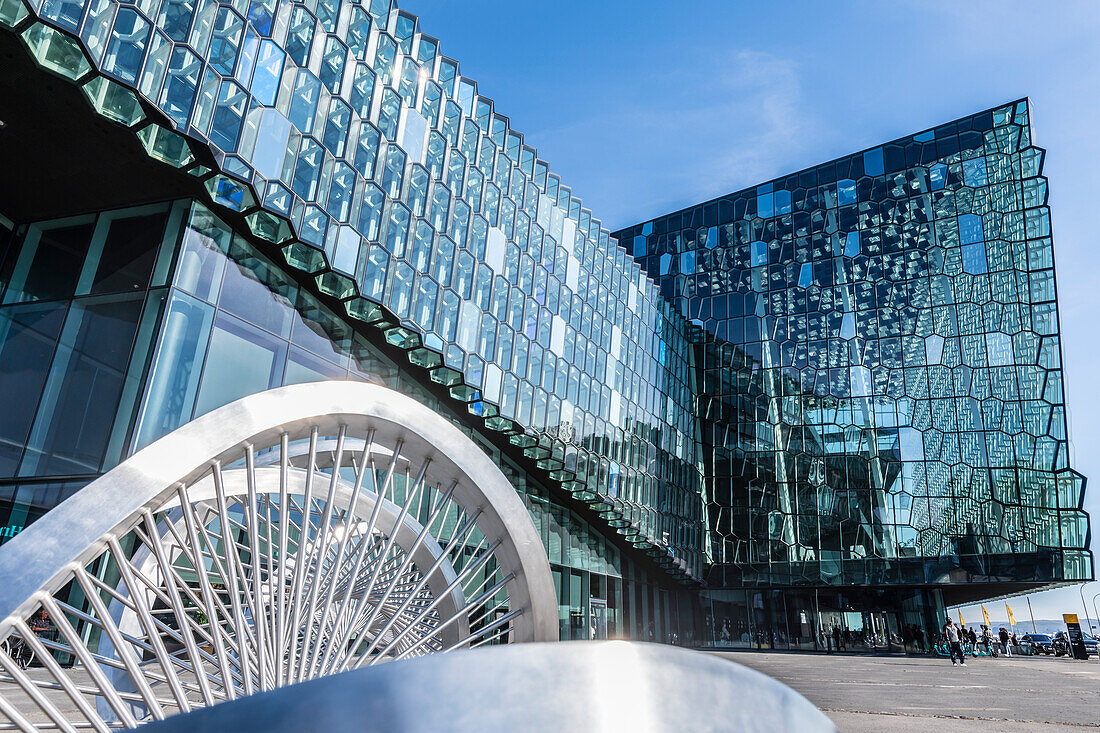 Art object in front of the glass facade, Harpa Concert Hall, Reykjavik, Iceland