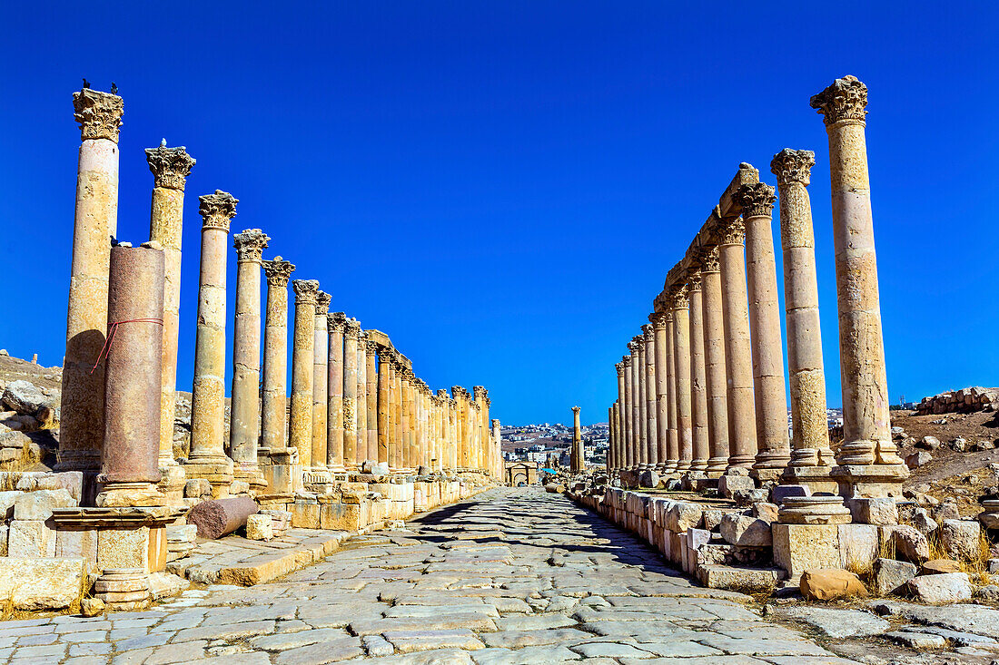 Korinthische Säulen Alte römische Straßenstadt Jerash, Jordanien. Jerash kam zwischen 300 v. Chr. und 100 n. Chr. an die Macht und war bis 600 n. Chr. eine Stadt. Berühmtes Handelszentrum. Ursprünglichste römische Stadt im Nahen Osten.