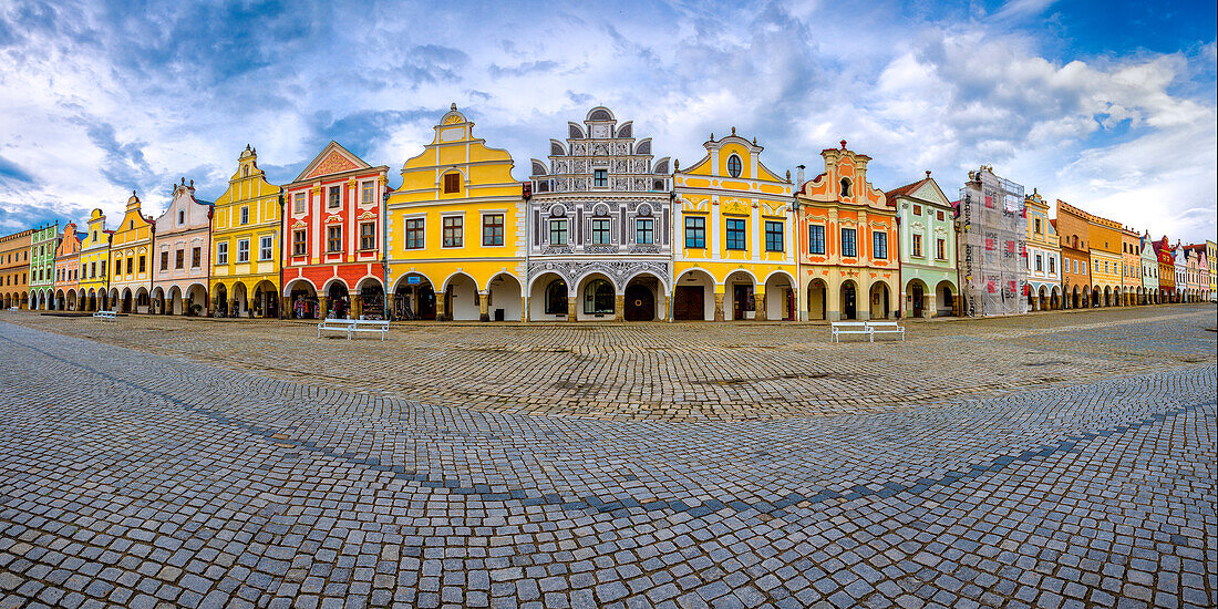 Europe, Czech Republic, Telc. Panoramic of colorful houses on main square