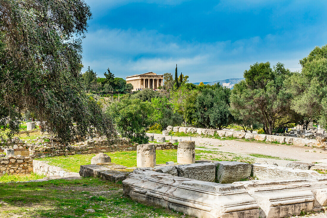 Middle Stoa ruins, ancient Temple of Hephaestus. Agora Marketplace, Athens, Greece. Agora founded 6th Century BC.