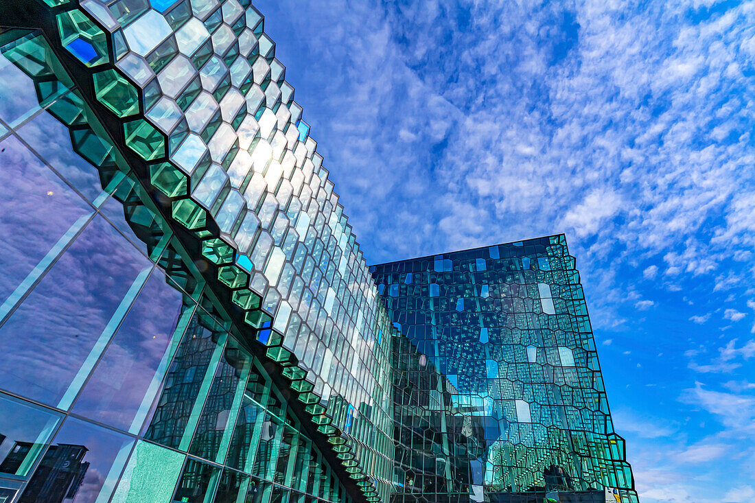 Modern glass concert hall, Reykjavik, Iceland. Constructed in 2011 of Modern Geometric Shaped glass Panels
