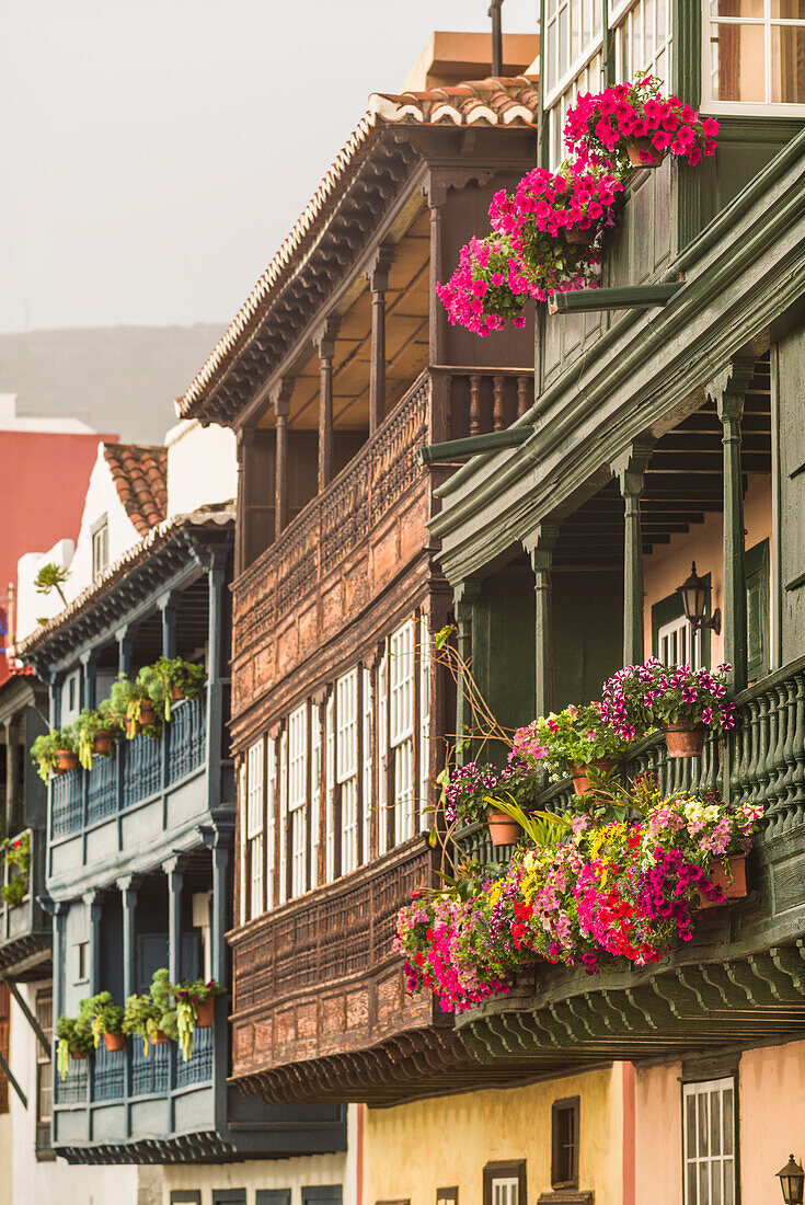 Spain, Canary Islands, La Palma Island, Santa Cruz de la Palma, traditional Canarian house balconies