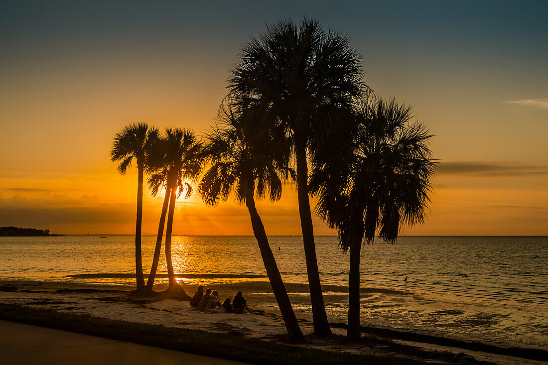 People sitting on the beach watching the sunrise over Old Tampa Bay