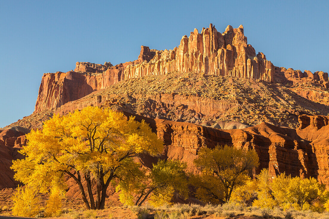 USA, Utah, Capitol Reef National Park. The Castle rock formation in autumn