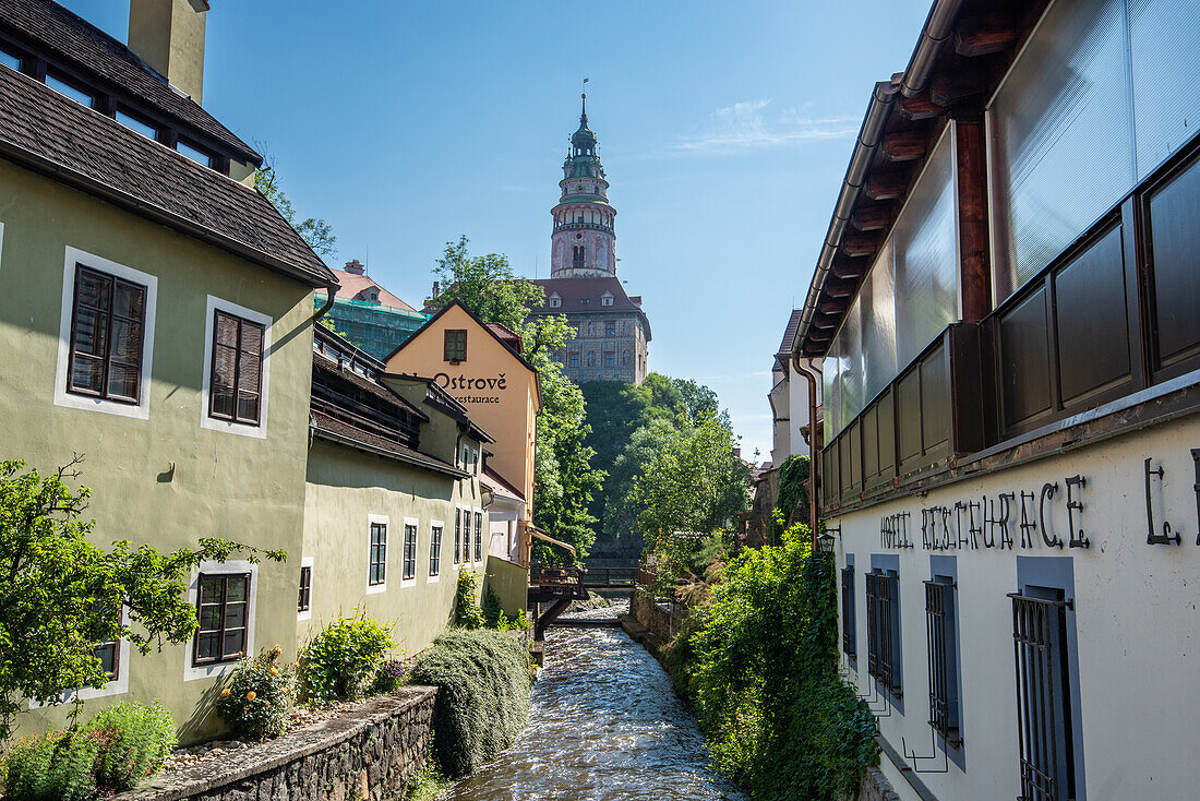 Canal and Castle view in Cesky Krumlov, South Bohemia, Czech Republic