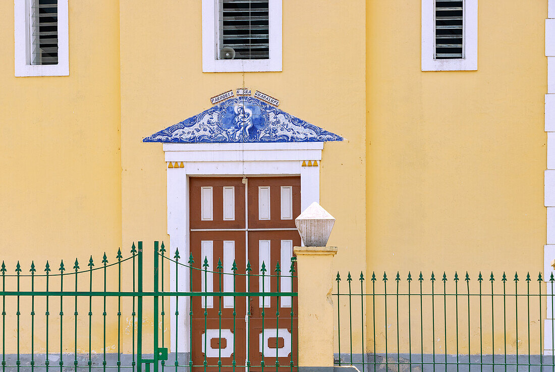 Portal of the Church of Nossa Senhora da Guadelupe with blue and white azulejo tiles in the town of Guadelupe on the island of São Tomé in West Africa