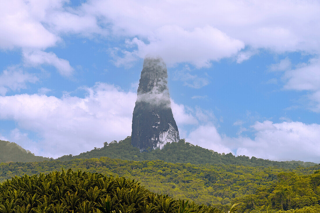 Pico Cão Grande and palm oil plantations in the south of Sao Tome island in West Africa