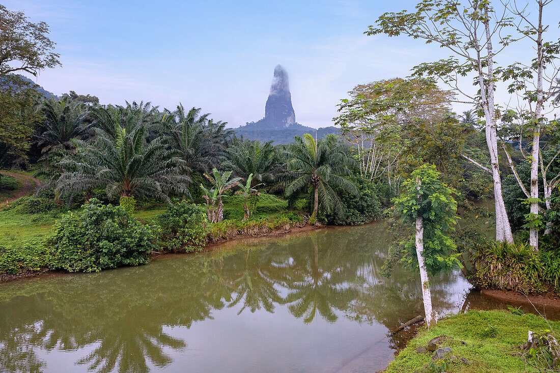 Pico Cao Grande and Rio Grande in the south of the island of Sao Tome in West Africa