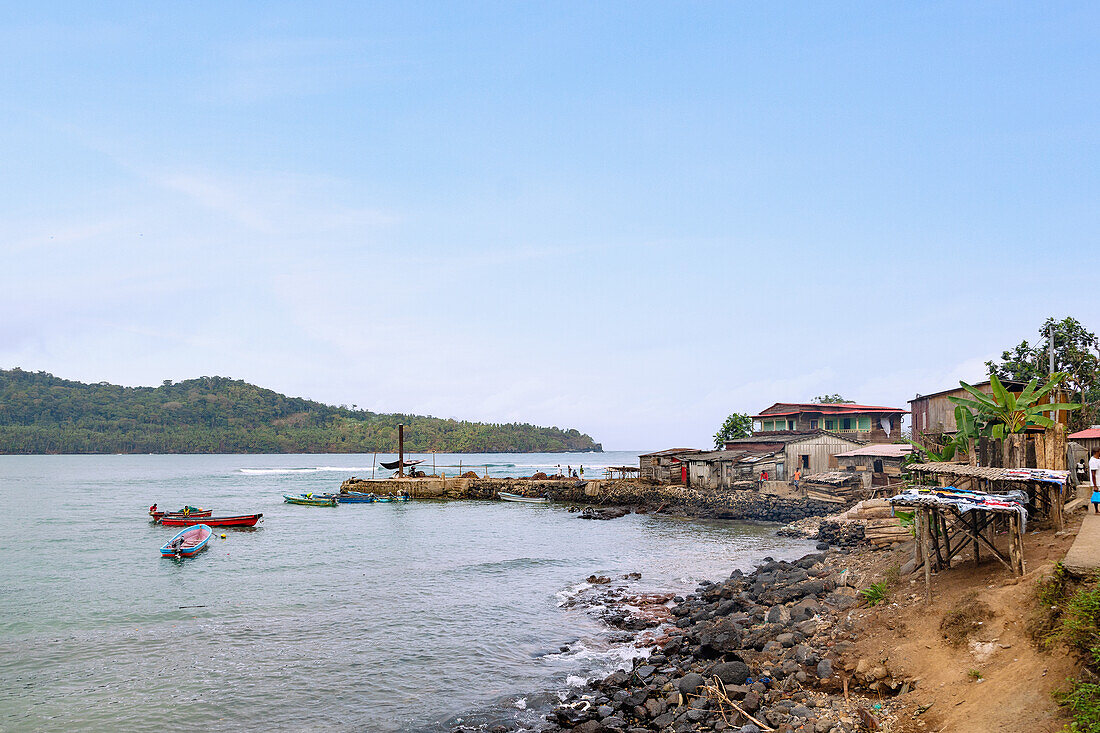 Fishing village of Porto Alegre with harbor in the south of the island of São Tomé in West Africa