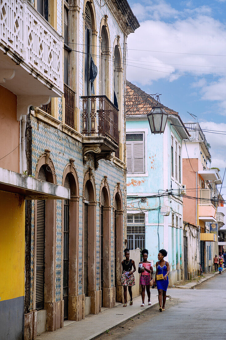 Rua de Moçambique with old colonial buildings in São Tomé on the island of São Tomé in West Africa