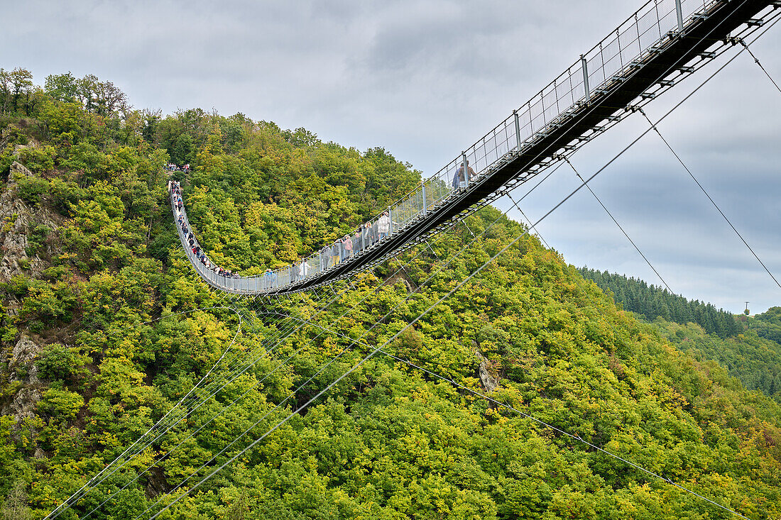 Blick auf die Geierlay Hängebrücke, Mörsdorf, Rheinland-Pfalz, Deutschland