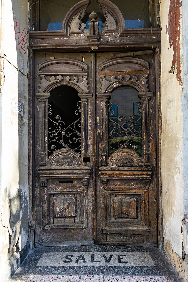 Old door with carving iron decorations in Tbilisi's Old town, capital city of Georgia
