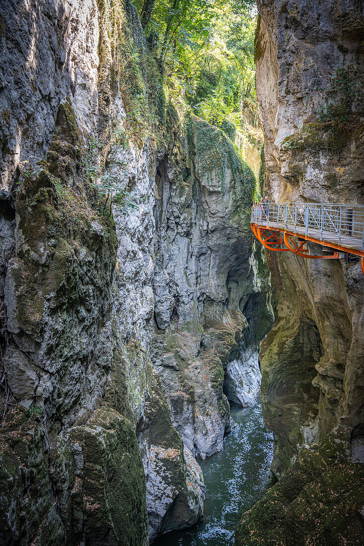 Gorge du Fier mit balkonartigem Plankenweg auf dem Menschen gehen, Gorge du Fier, Annecy, Haute-Savoie, Auvergne-Rhône-Alpes, Frankreich