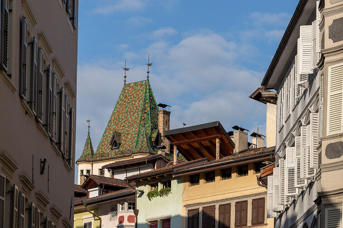 The houses of the Old Town under blue sky, Bozen, South Tyrol, Italy