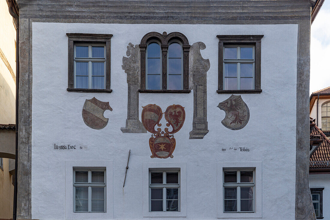 Facade with  frescoes of ancient houses in the old town, Bozen, South Tyrol, Italy