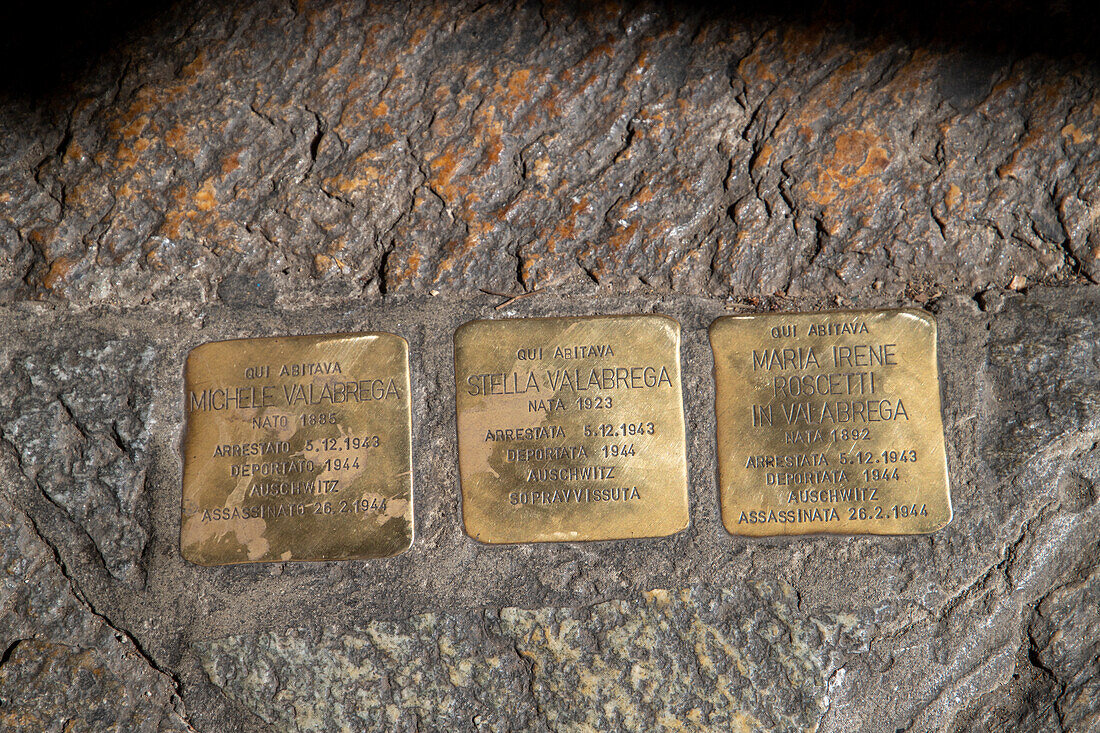 Stumbling stones in memory of Jewish deportees (Shoah), Turin, Piedmont, Italy.