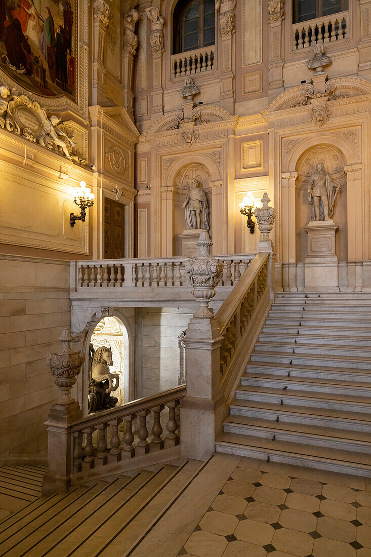 Grand staircase of the Palazzo Reale, Turin, Piedmont, Italy.