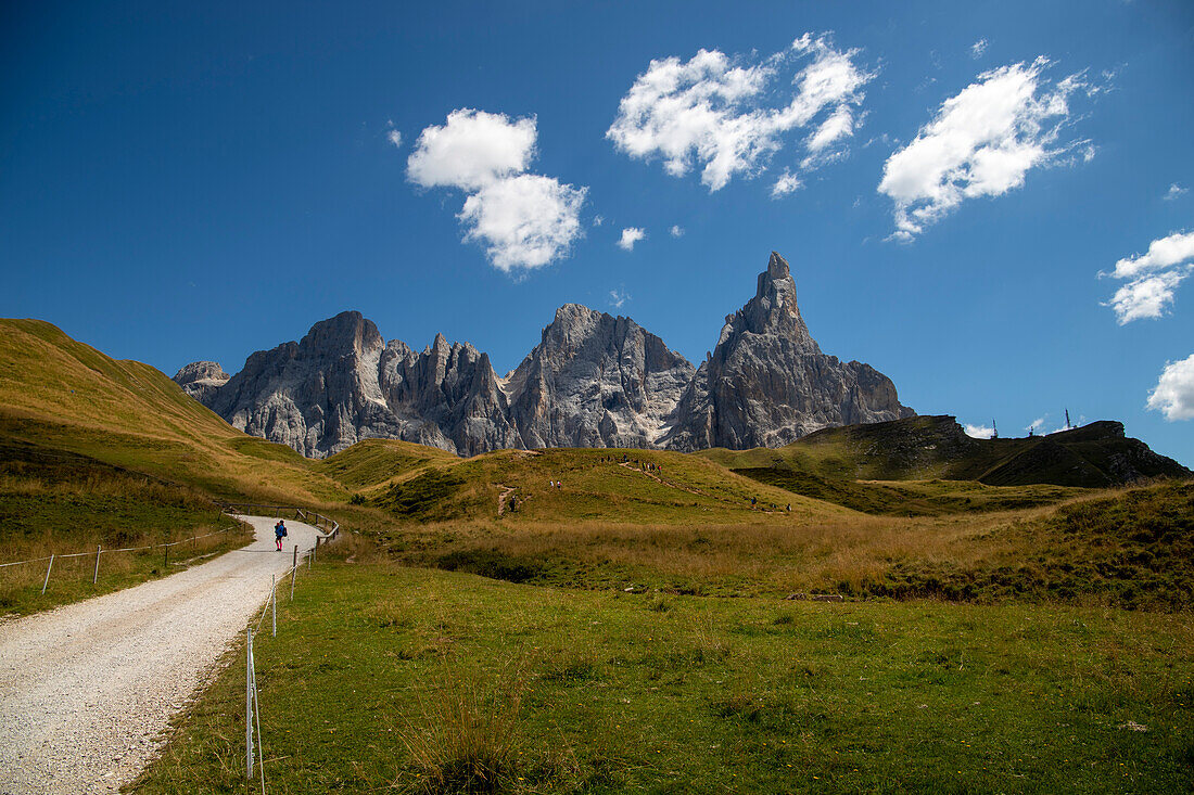 Einsamer Tourist auf dem Weg, der zur Segantini-Hütte führt. Passo Rolle, Dorf San Martino di Castrozza, Bezirk Trento, Trentino Alto Adige, Italien