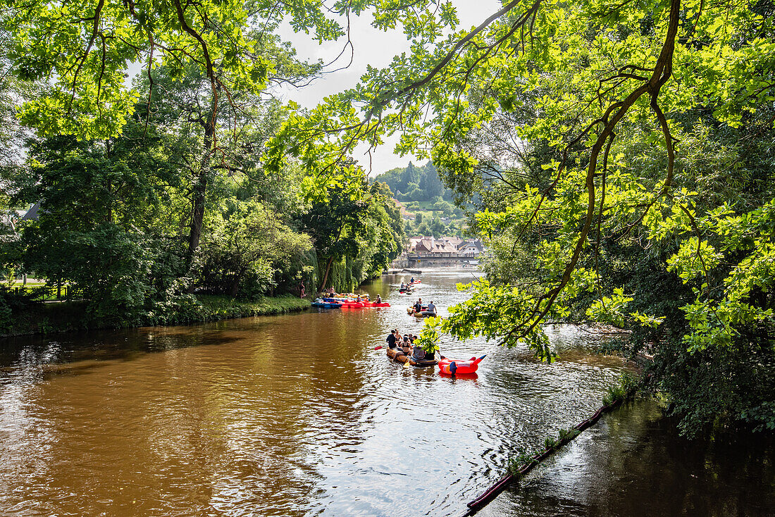 Boats on the Vltava River near Cesky Krumlov, South Bohemia, Czech Republic